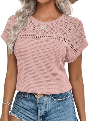 Chicrise Tshirt Femme Eté Dentelle Manches Courtes Blouse Col Rond Casual Hauts Elégante Crochet