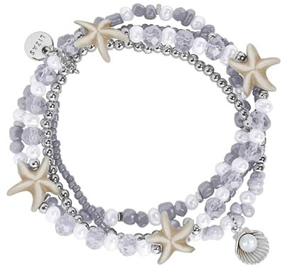 Lizas Armband vierreihig mit Seesternen und Muschel in vielen Farben (grau/silber)