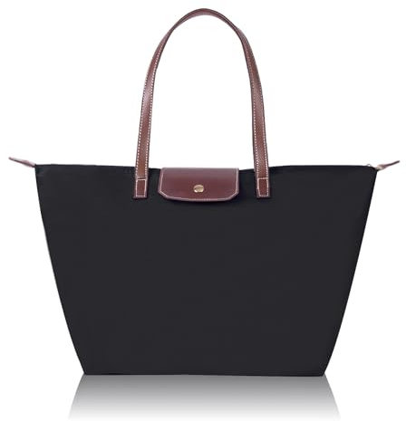 LINGLONGCY Damen-Schultertasche Faltbar Großes Fassungsvermögen Wasserdicht Nylon Umhängetasche Handtasche Reisehandtasche Schwarz M 42 * 30 * 18cm