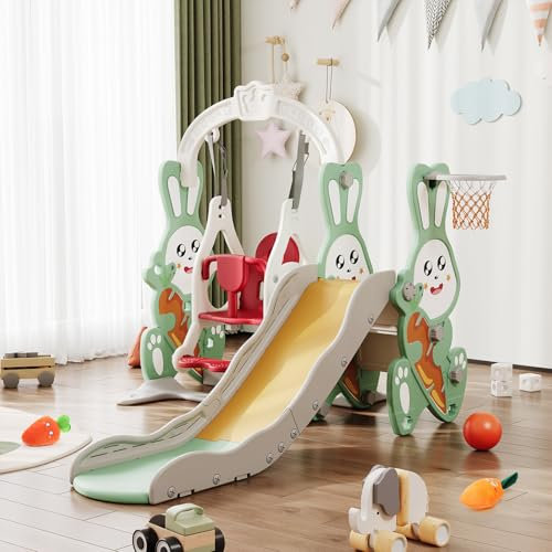 Tobogán infantil 4 en 1 con tobogán, columpio, cesta de baloncesto, Kletterleiter, zona de juegos para niños, tobogán de jardín (verde, conejo)