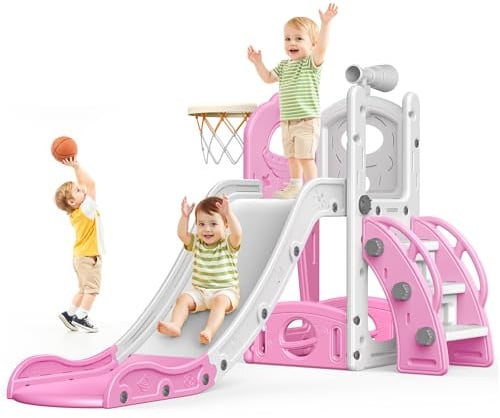 Naxudcoo Kids Slide: Large Toddler Slide With Basketball Hoop, Pink Slides For Toddlers Age 1-3 Toddler Climber Slides Playset With Storage Space, Indoor Outdoor Toy For Toddlers 1-3 Years
