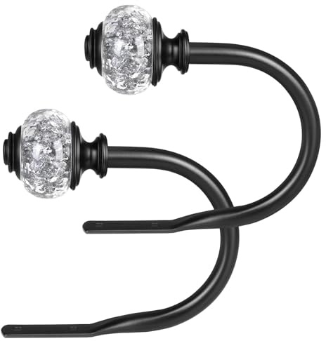 USFOOK Black Curtain Holdbacks, 2 Pack Metal Curtain Tie Backs for Curtains | U-Shaped Modern Wall Hooks for Curtain Tiebacks, with Crystal Finials, for Fixed Curtain or Hanging Items, 2 Pack/1 Pair
