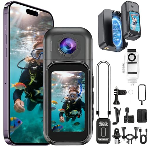 7JI Action Cam 256 Gb con Touchscreen, 4k Ruotabile di 180° | 2400mah Mini Telecamera da Corpo, 30m Impermeabile, Bodycam Grandangolare da 120° per Ciclismo Moto, Povs Vlog