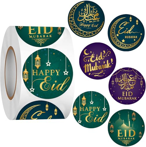 Eid Mubarak Aufkleber 500 Stück Runde Happy EID Sticker Rolle 1,5 Zoll Islamische Deko Selbstklebende Geschenkaufkleber für Eid al-Fitr Muslim Islam Party Geschenkbox Dekorative Stickers