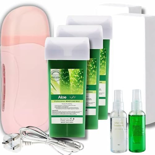 Roll On Waxing Kit for Women with Wax Warmer - Complete Hair Removal Kit with 3 Wax Cartridges, 200 Wax Strips, Pre and Post Wax Spray - Body Waxing Set for Legs, Arms and Underarms