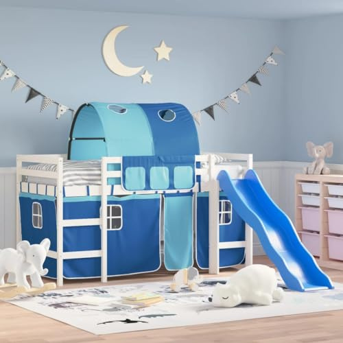 Runheo Kinderhochbett mit Tunnel Blau 80x200 cm, Massivholz Kiefer, Rutsche & Rausfallschutz, Spielbett für Kinderzimmer, Einzelbett