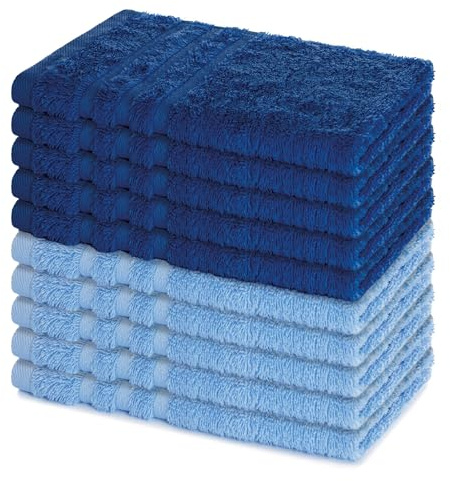 Lavea® 10er Set Gästehandtücher Set, Gästetücher 30x50 cm, Frottee Gästetuch aus 100% Baumwolle, Handtücher Set, weich und saugstark, Serie Elena, 60 °C waschbar, Handtuch, Delphinblau & Royalblau