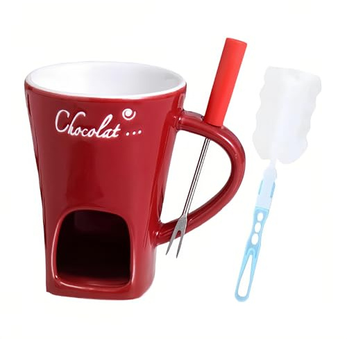 Chocolate Fondue Mug Set with Fork & Cleaning Brush - Ceramic Chocolate Melting Cup for Cheese,Butter,Tea,Safe for Desk,Office,Home Use - Valentine's Day Gifts for Him Her,Date Night Birthday Gifts