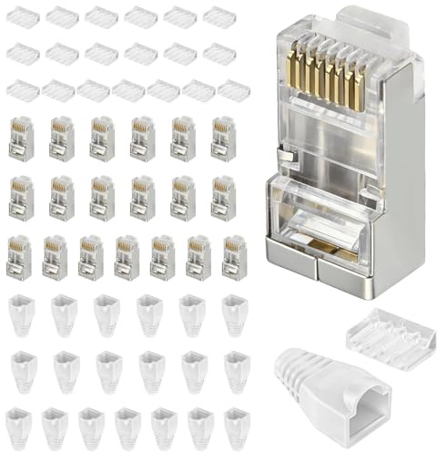 Dewlawn Lot de 20 Connecteur RJ45 8P8C Cat7/Cat6A Standard Blindé, Prise RJ45 Male 10Gbps, Fiche Réseau Standard pour Câble d'Installation avec Barre et Embouts de Protection