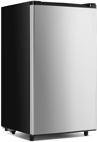 NEWBULIG Mini Fridge Freezer 3.2 Cubic Metres for Office, Bedroom, Small Fridge with Adjustable Thermostat, Energy Saving, Single Door, Silver