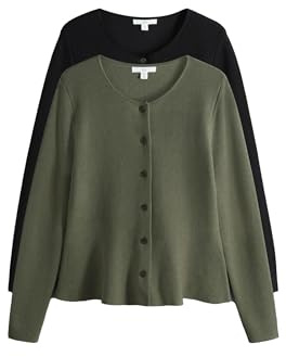 THE SET Damen Elegante Rundhals-Strickjacke mit Langen Ärmeln, Knopfleiste und Schößchen, 2er-Pack
