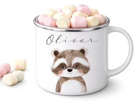 Personalisierte Kinder Emaille Tasse mit Namen – Niedliche Tiermotive Kindertasse – Geschenk zur Geburt, Taufe, Geburtstag, Einschulung (Waschbär)