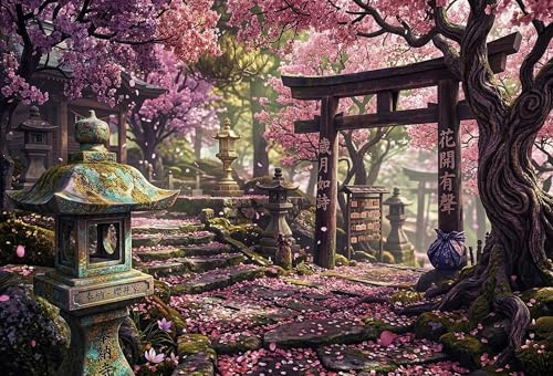 Sanctuaire des Fleurs de Sakura Puzzle 1000 Pièces, Jeu de Concentration | Puzzle 1000 pièces, taille 70x50cm, dès 14 ans, motif Sanctuaire des Fleurs de sakura pour jeu de puzzle relaxant et cadeau