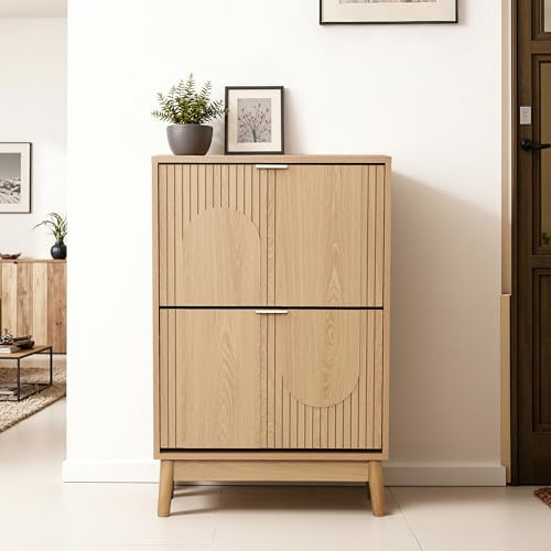Hometopia Schuhschrank 2 Türen, 4-Ebenen Schuhregal Schmal aus Holzwerkstoff mit Massivholzbeinen, Flurschrank Schuhkipper für Flur, Schuhaufbewahrung Schuhbank Modern Landhausstil 60×24×92 cm
