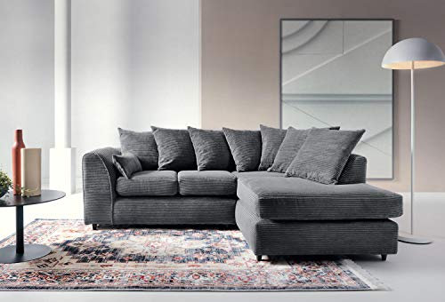 Abakus Direct Right Hand Corner Sofa - Opulent Jumbo Cord L Shaped Sofas for Living Room with Thick Luxury Deep Filled Cushioning | Contemporary Chaise Lounge Sofa in Elegant Grey | 212Wx164Dx78H