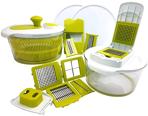 Megachef 10-in-1 multi-usages à salade rotatifs trancheuse, hachoir Dicer et Veggie Mandoline avec Julienne Graterwith, lames interchangeables et de stockage et couvercles