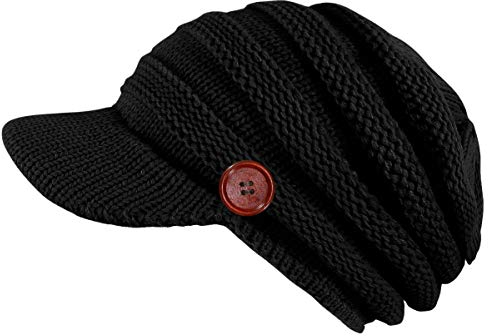 dy_mode Damen Schirmmütze Strickmütze Mütze mit Holzknopf - A309 (A309-Schwarz)