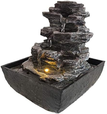 DRULINE Zimmerbrunnen mit LED - Zimmer Wasserfall Brunnen - Kaskadenbrunnen - Zimmerbrunnen - Polyresin Stein Optik - B/H/T ca. 13,5 x 18 x 13,5 cm - Grau/Schwarz - Indoor