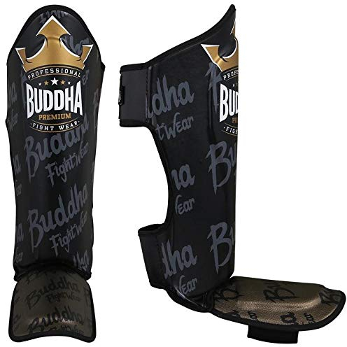 BUDDHA FIGHT WEAR – Schienbeinschoner für Muay Thai, MMA und Kickboxen, Top-Premium-Modell – aus Kunstleder der neuesten Generation – widerstandsfähigere und verstärkte Nähte – Schwarz und Gold – M