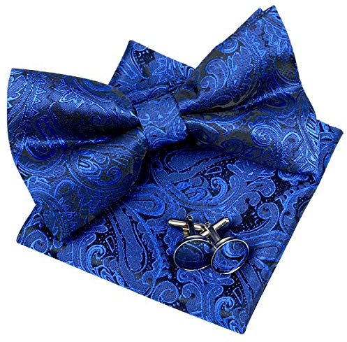 Alizeal Herren Retro Paisley vorgebundene Fliege, Einstecktuch und Manschettenknöpfe Set, Königsblau