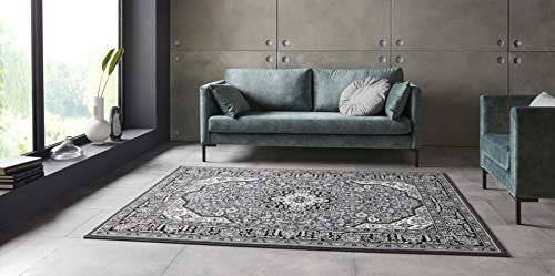 Nouristan Mirkan Orient Teppich – Wohnzimmerteppich Orientalisch Kurzflor Vintage Orientalischer Teppich für Esszimmer, Wohnzimmer, Schlafzimmer – Dunkelgrau, 80x150cm