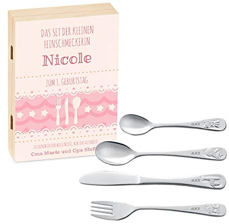 Maverton Kinderbesteck Set mit Gravur + Holzbox mit Aufdruck - mit Tieren - aus Edelstahl - Weihnachtsgeschenke -Braun - Geschenk für Mädchen zum Geburtstag zur Taufe Geburt - kleine Feinschmeckerin