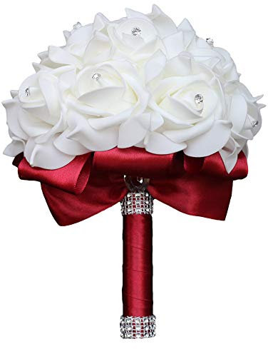 Flonding Bouquet da sposa, bouquet rosso vino per sposa damigella d'onore con nastri morbidi di diamante, rosa artificiale da sposa, fiori per feste in chiesa