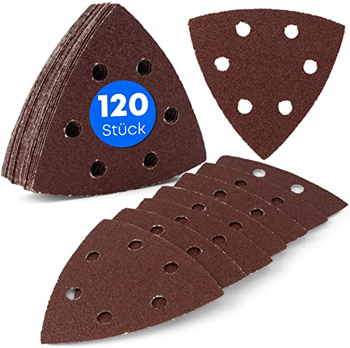 120 Stück/Delta-Schleifdreiecke / 6-Loch / 93 x 93 x 93 mm/je 20 x Korn 40-60 - 80-120 - 180-240 / für Deltaschleifer/Schleifblätter/dreieckige Schleifpads/Schleifpapier