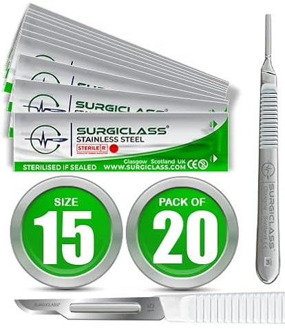 Surgical Scalpel Surgical Blades # 15 Stainless Steel Sterile Pack of 20 and Handle No 3 Perfect for wood art, Surgical, Sculpting, Repairs, Lab Anatomy, Sign, Card Making Lab Training SURGIGR15-20
