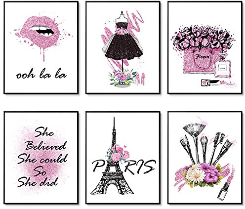Art mural mode rose Décoration murale chambre fille Impressions d'œuvres d'art de salle de maquillage Lot de 6 Paris Rouge À Lèvres 8x10 (20.3x25.4cm) SANS CADRE
