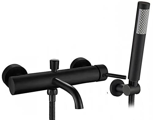 Rea Badewannenarmatur LUNGO BLACK Wasserhahn Badewanne Einhebel Wannenarmatur mit Handbrause Badarmatur aus Messing Mischbatterie Wandmontage (Schwarz)