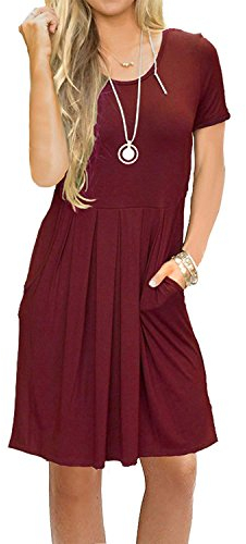 AUSELILY Robe décontractée à Manches Courtes plissée avec Poches Longueur Genou 2XL,Vin Rouge