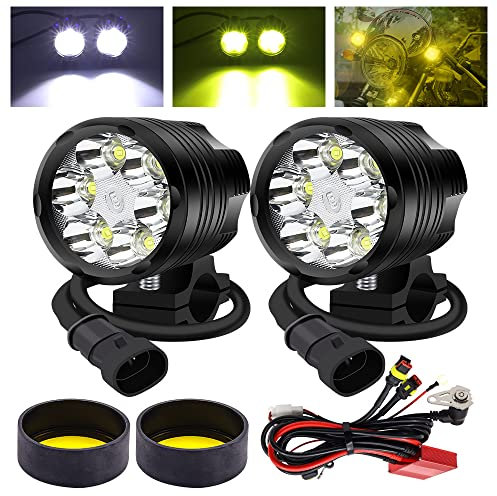 YnGia Lot de 2 feux auxiliaires de moto avec faisceau de câblage et lentille jaune, 60 W phares de moto LED antibrouillard DRL 12 V 24 V pour scooters voiture camion bateau ATV SUV