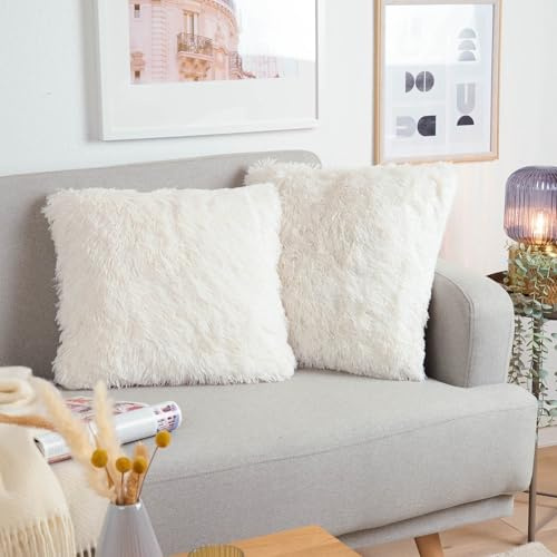Blumtal 2er Set Kuscheliger Kissenbezug 45x45 cm - Dekokissen aus Kunstfell mit Reißverschluss weiche Kissenhülle - Flauschiger Bezug für Sofakissen Couchkissen, Oeko-Tex Zertifiziert, Elfenbein