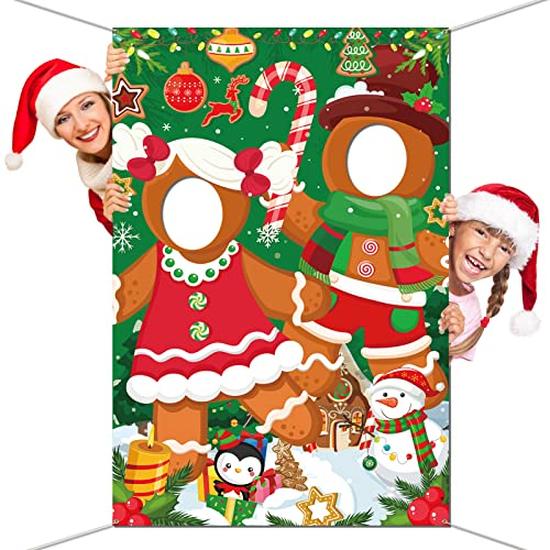 DPKOW Lustige Lebkuchenmann Gesicht Foto Banner für Weihnachten Photo Foto Requisiten Zubehör, Gesicht Spiel für Weihnachten Hintergrund Dekoration Zuckerstange Lebkuchenmann Zubehör, 150 * 100cm