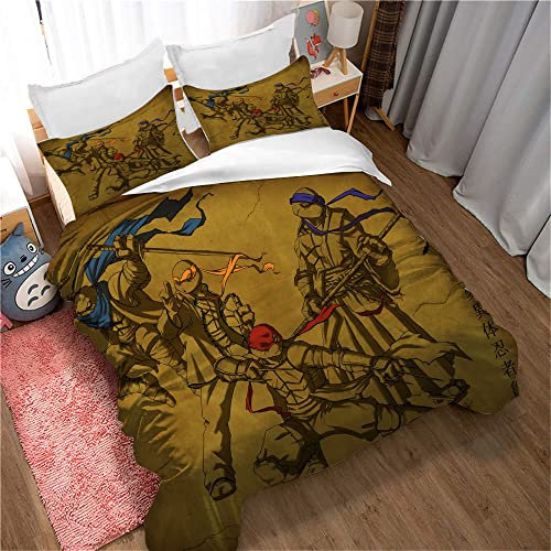 100% Reine Baumwolle Teenage Mutant Ninja Turtles Bettbezug Set Mit Verstecktem Verschluss, 3 Stück Weiche Wohnaccessoires Bettwäsche Und 2 Kissenbezüge (Schildkröten 02,135 x 200 cm)