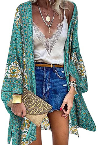 Kimono Copricostume Donna Cardigan Lungo Retro Stampa Floreale Bikini Cover Up Maniche Lunghe Coprivostume Elegante Copricostumi da Bagno Estate Beachwear,Verde,XL