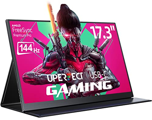 UPERFECT 17.3 Zoll 144Hz Portable Gaming Monitor, Tragbarer Display mit 1920 * 1080 Full HD IPS Bildschirm Mini HDMI 2 USB C für PC Handy Laptop PS-4/5 Switch Xbo, VESA-kompatibel