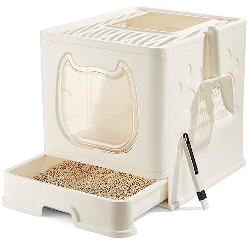 Vealind Caja de Arena Cubierta Con Tapa para Gatos Pequeños y Medianos, Orinal de Entrada Superior, Tipo Cajón Con Puerta Delantera, Bandeja de Arena, Blanco