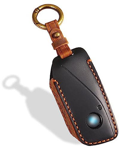 OLLEN Coque de clé en cuir véritable sans vis pour BMW Série 5/7 740i 760i X1 X5 X6 X7 XM IX IX3 I5 I7 etc. avec porte-clés Noir