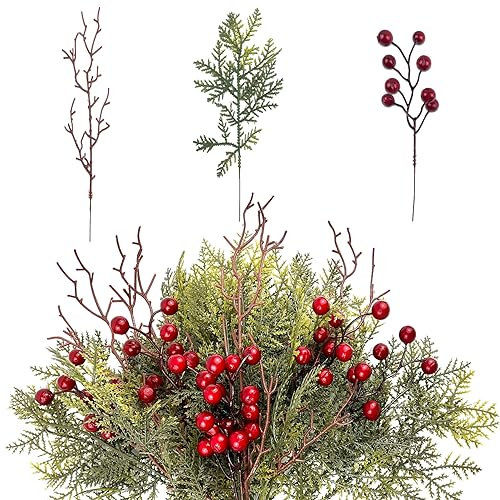 EIGTWEN 50 Stück künstliche Tannenzweige, rote Beeren, Weihnachtsdekoration, Toter Zweig, für Weihnachtsblumenarrangement, Dekoration, unverzichtbare Weihnachtsdekoration