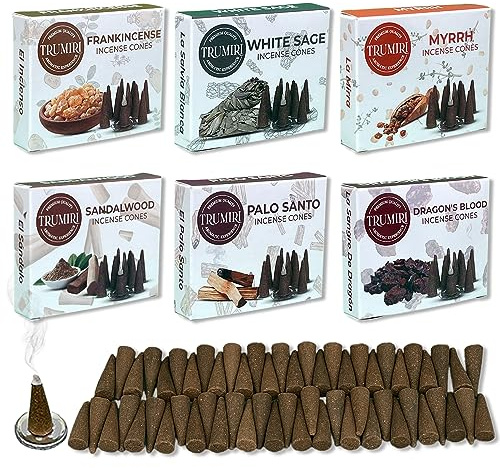 Trumiri Woody Incense Cones - Variety Pack - Total 60 Cone Incense (6 Scents x 10 Conos) - White Sage, Palo Santo, Dragons Blood, Sandalwood - Inscents-Cones Scented - Insense Cones - Incent Cone
