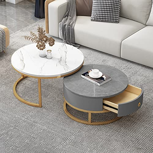 2er Set Kaffeetische Rund Couchtisch Set Seitentisch ineinandergreifend mit Schubladen Couchtisch Couchtisch mit Gestell aus Marmor Schiefer Metallgestell moderner Teetisch für Möbel