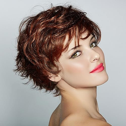 AUBWIG Perruque courte rouge-marron Perruque courte Pixie Cut Perruques courtes bouclées ondulées Femmes Perruques souples Shaggy Synthétiques Utilisation quotidienne Cheveux (Rouge-Brun)