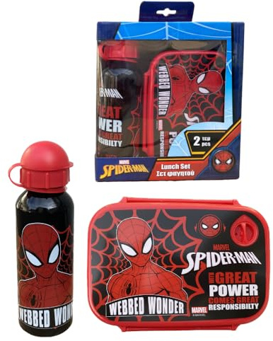 Spiderman Marvel - Juego de 2 botellas de aluminio y portamedoras para niños con chupete y fiambrera