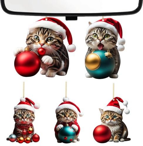 5 Adornos navideños para Adornos de árbol de Navidad Colgante de árbol de Navidad 2D acrílico Gato Coche Espejo Accesorios Adornos Lindo Gato para Amantes de los decoración Navidad