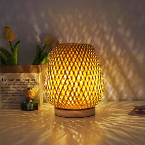 JOJOM LED Nachttischlampe Vintage Bambusweblaterne Tischlampe dimmbar gewebte Stil Kleines Nachtlicht Stil Bambus gewebte dekorative Rattan （Ohne Glühbirnen） für Wohnzimmer Schlafzimmer