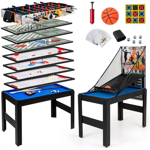 GYMAX Multi Game Table 48, 14 in 1 Combo Game Table w/Basketball, Billiards, Foosball, Ping Pong, Hockey, Shuffleboard, Bowling, Chess, Checkers, Backgammon, Tic Tac Toe for Game Room, Family Night