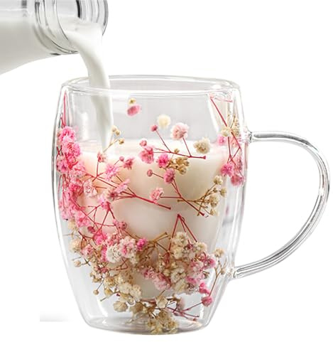 Tasse en Verre À Double Paroi avec Fleurs Sèches - 350ML Tasse À Café Isolée De Fleurs Séchées avec Poignée | Tasse en Verre Isolée Résistante À La Chaleur avec Fleurs Séchées,Tasses pour Boissons
