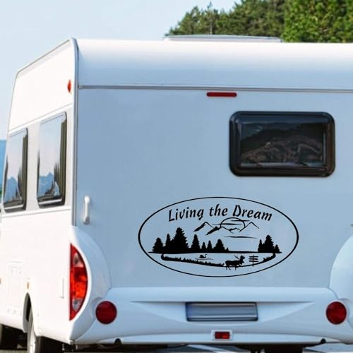 Rakelfix Wohnmobil Wohnwagen Aufkleber Schöne Landschaft mit Bergen Wald See Elch oval Living The Dream ca 100cm WOMI WOWA Cam